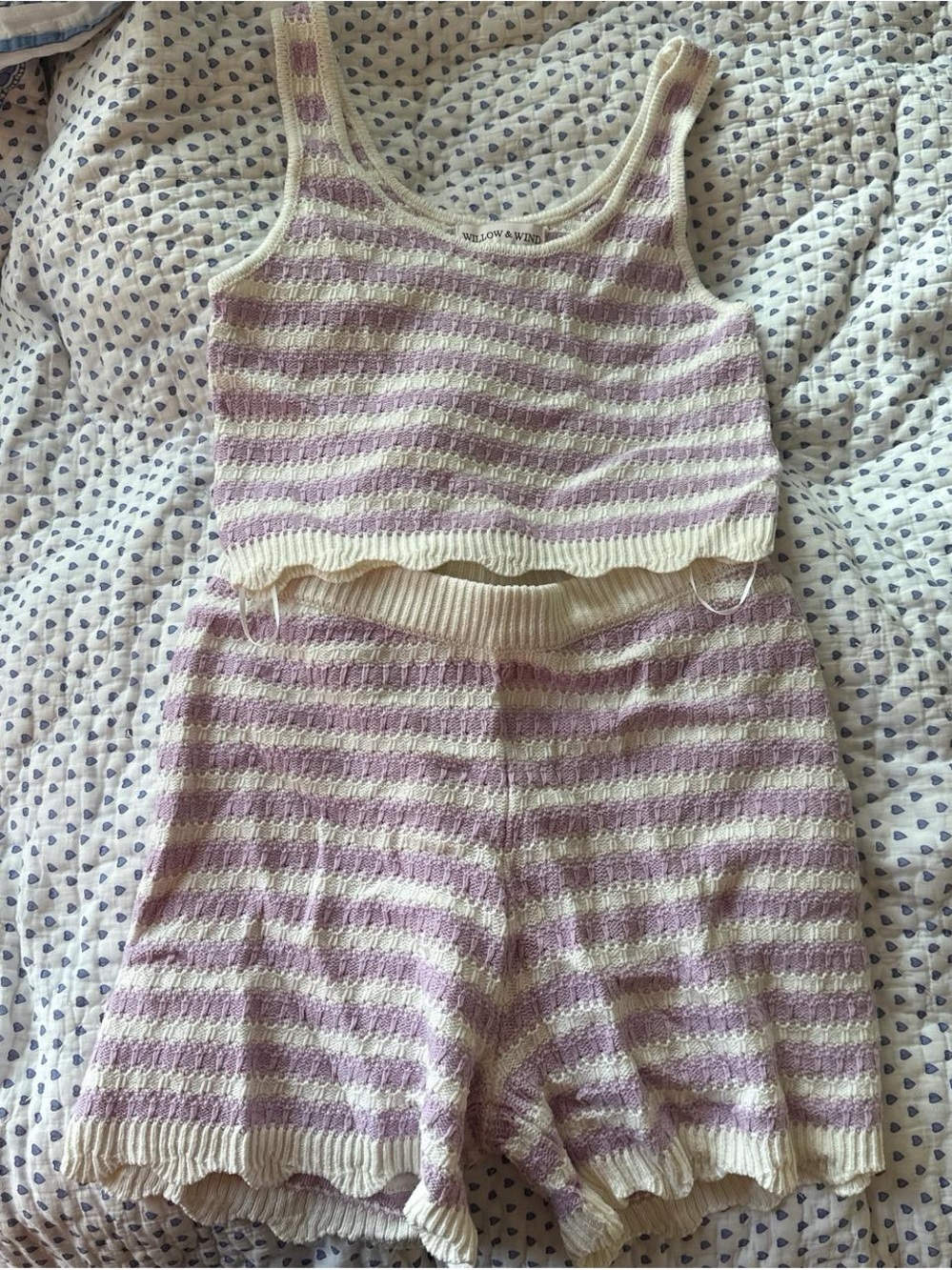 Lilac and Cream Striped Knit Tank and Shorts Set